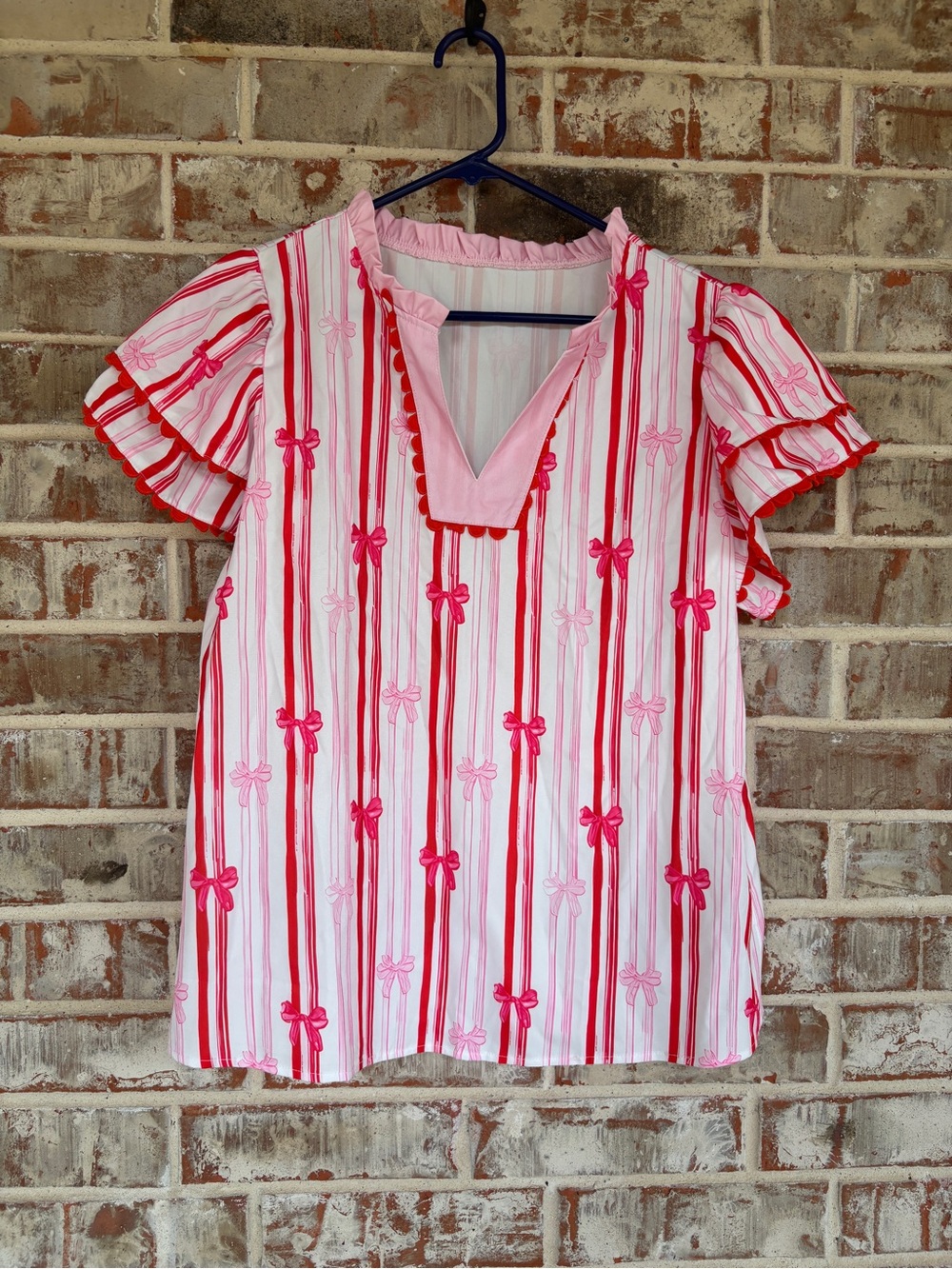 Unbranded Girls Pink & Red Striped Bow Print Popover Blouse